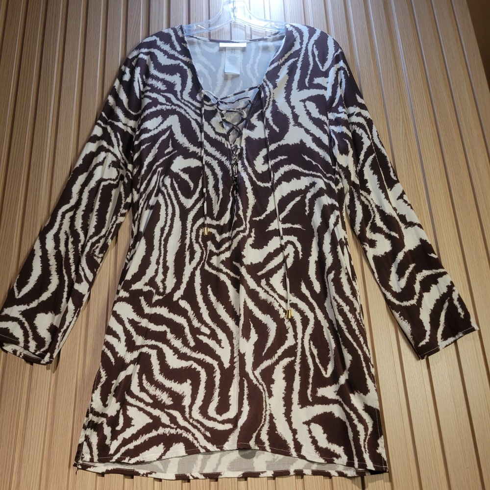 La Blanca Zebra Print Lace Up V-Neck Swim Cover Up Dress Brown White Small